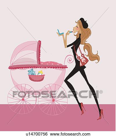 Stock Illustration - Fashionable mother pushing pram while applying lipstick. Fotosearch