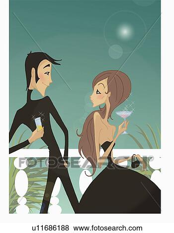 Stock Illustration - Man approaching woman on a balcony with a drink. Fotosearch