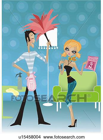 Man cleaning for woman holding fashion magazine View Large Illustration Stock Illustration - Man cleaning for woman holding fashion magazine. Fotosearch