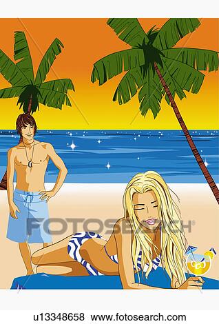 Stock Illustration - Man looking at woman lying on the beach with a drink. Fotosearch