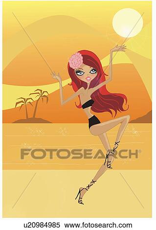 Redhead dancing in her bikini and high heels in the sunset View Large Illustration Stock Illustration - Redhead dancing in her bikini and high heels in the sunset. Fotosearch