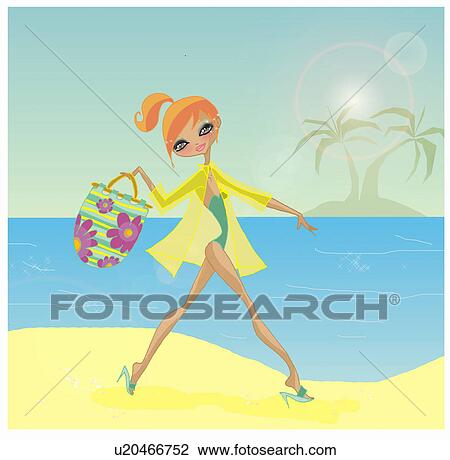 Woman arriving on tropical beach with her beach bag View Large Illustration Drawing - Woman arriving on tropical beach with her beach bag. Fotosearch