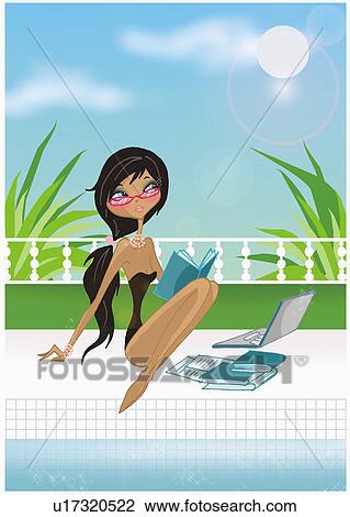 Woman at pool with books and laptop View Large Illustration Drawing - Woman at pool with books and laptop. Fotosearch