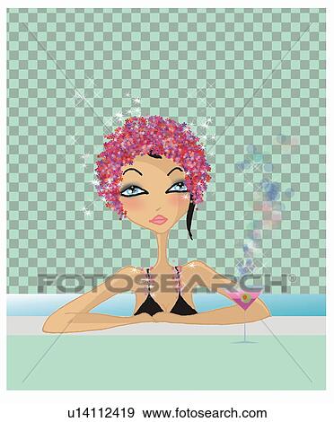 Stock Illustration - Woman bathing with a martini. Fotosearch
