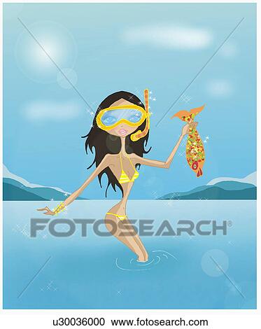 Clipart - Woman having caught a fish scuba diving. Fotosearch