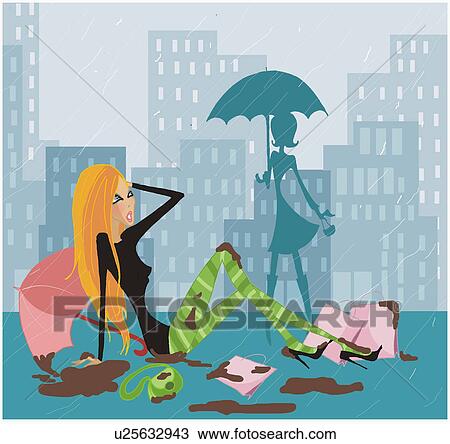 Woman having fallen in a heap in a rainstorm View Large Illustration Drawing - Woman having fallen in a heap in a rainstorm. Fotosearch