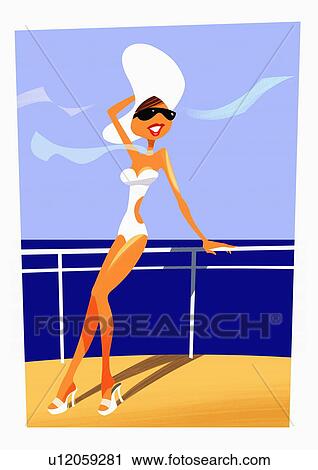 Woman in bathing suit, hat, and sunglasses basking in the sun on the deck of a boat View Large Illustration Clip Art - Woman in bathing suit, hat, and sunglasses basking in the sun on the deck of a boat. Fotosearch