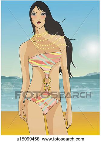 Stock Illustration - Woman in fashionable one-piece swim suit posing on the beach. Fotosearch