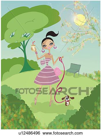 Woman in purple striped dress in park walking little dog View Large Illustration Stock Illustration - Woman in purple striped dress in park walking little dog. Fotosearch