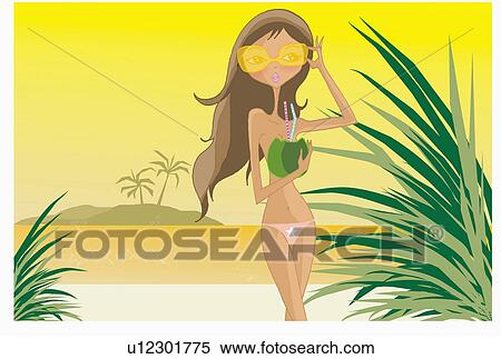 Stock Illustration - Woman in shades with fruit drink on the beach. Fotosearch