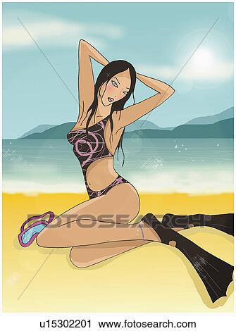 Clip Art - Woman in swim suit and flippers posing on the beach. Fotosearch