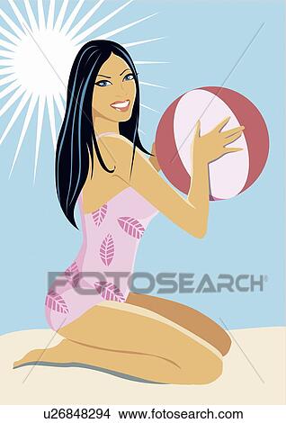Woman kneeling on beach holding a beach ball View Large Illustration Stock Illustration - Woman kneeling on beach holding a beach ball. Fotosearch