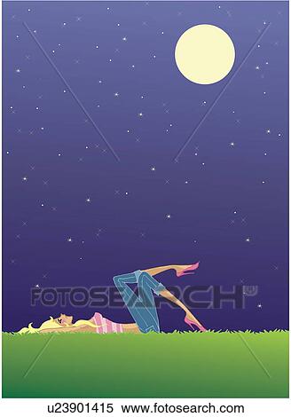 Woman laying on grass looking at the starry night sky View Large Illustration Stock Illustration - Woman laying on grass looking at the starry night sky. Fotosearch