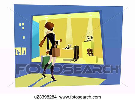 Woman looking at a shoe store window View Large Illustration Stock Illustration - Woman looking at a shoe store window. Fotosearch