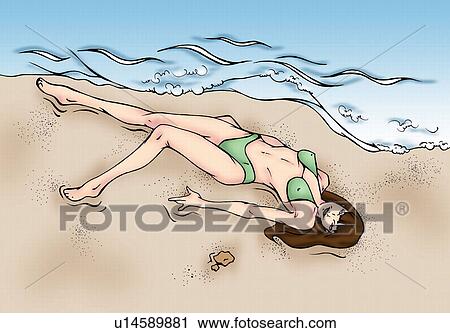 Clip Art - Woman lying by the water on the beach. Fotosearch