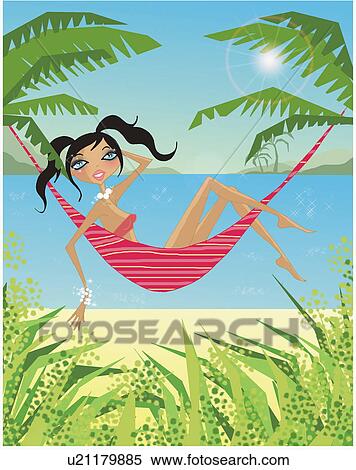 Stock Illustration - Woman relaxing on a hammock by the beach. Fotosearch