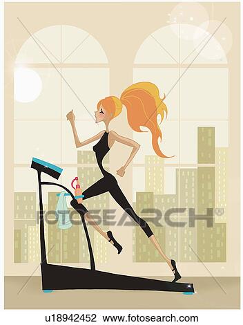 Drawing - Woman running on the treadmill. Fotosearch
