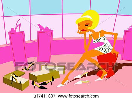 Woman undecided on her selection of high heels in a shoe store View Large Illustration Stock Illustration - Woman undecided on her selection of high heels in a shoe store. Fotosearch