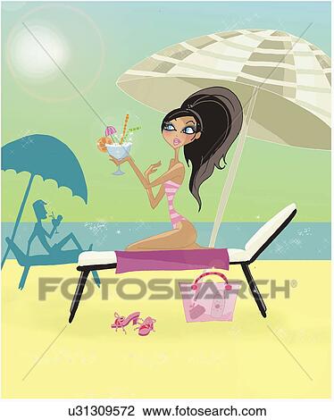Drawing - Woman with a cocktail on her chaise lounge on beach. Fotosearch