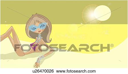 Woman with shades, bikini, and jewelry lying on the beach View Large Illustration Stock Illustration - Woman with shades, bikini, and jewelry lying on the beach. Fotosearch