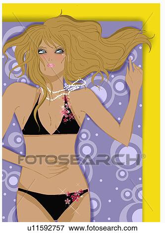 Young woman lying in bikini and pearls on beach towel View Large Illustration Stock Illustration - Young woman lying in bikini and pearls on beach towel. Fotosearch