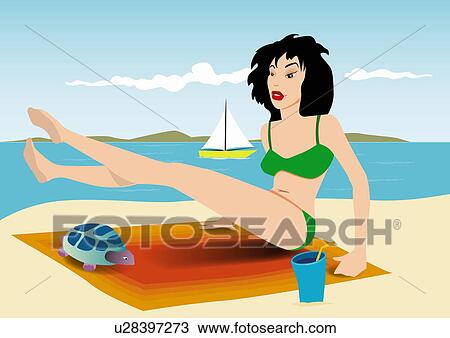 Drawing - Young woman on beach with sea turtle passing by on her towel. Fotosearch