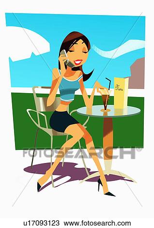Young woman on mobile phone drinking a cocktail View Large Illustration Drawing - Young woman on mobile phone drinking a cocktail. Fotosearch
