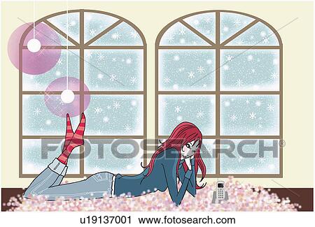 Clip Art - Young woman on rug by window waiting for the phone to ring. Fotosearch