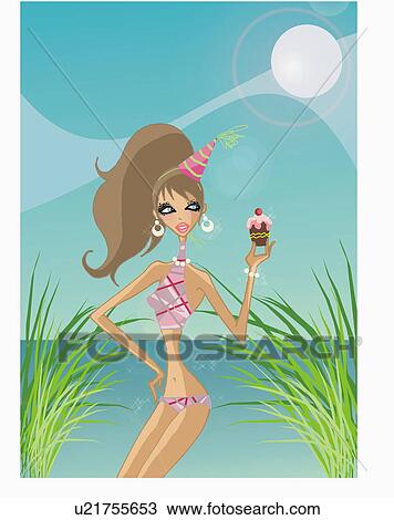 Drawing - Young woman with a cupcake and celebratory hat. Fotosearch