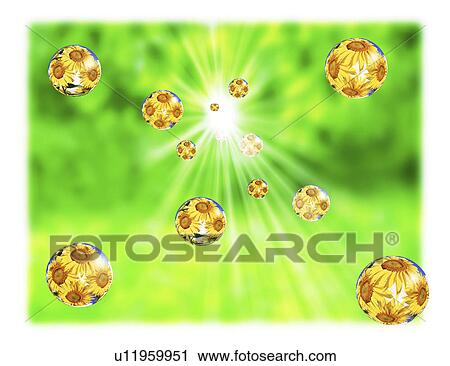 Clip Art - View of flower balls flying. Fotosearch