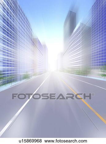 View of road amid building View Large Illustration Stock Illustration - View of road amid building. Fotosearch