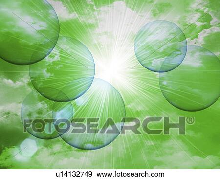 Bubbles with clouds and sunrays in background View Large Illustration Stock Illustration - Bubbles with clouds and sunrays in background. Fotosearch