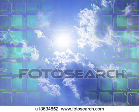 Digital composite of cubes with sunlit clouds in background View Large Illustration Drawing - Digital composite of cubes with sunlit clouds in background. Fotosearch