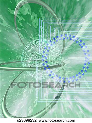 Digital composite of metal rings around globe grid View Large Illustration Drawing - Digital composite of metal rings around globe grid. Fotosearch