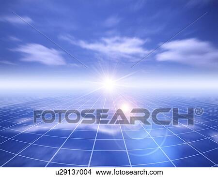 Stock Illustration - Digital composite of sparkle on grid with blue sky. Fotosearch