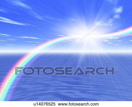 Rainbow with sunrays above ocean View Large Illustration Stock Illustration - Rainbow with sunrays above ocean. Fotosearch