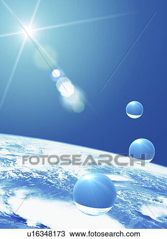 View of sunrays over globes View Large Illustration Drawing - View of sunrays over globes. Fotosearch