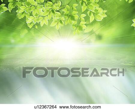 Picture - View of leaves and waterfall (digital composite). Fotosearch