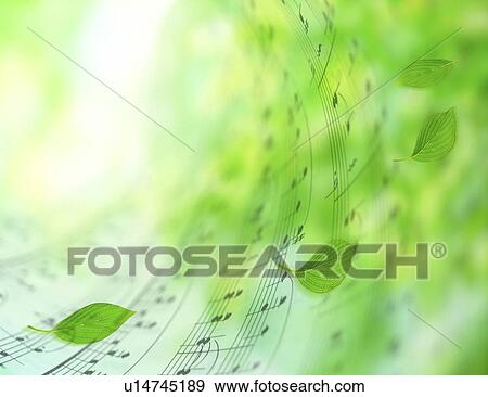 Stock Photo - View of leaves on musical notes (digital composite). Fotosearch