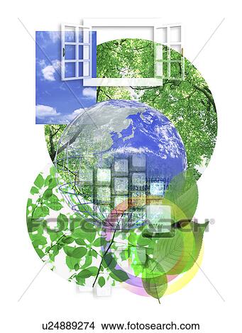 Collage of globe and leaves View Large Illustration Stock Illustration - Collage of globe and leaves. Fotosearch