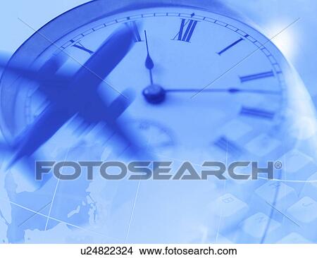 Stock Illustration - Digital composite of airplane and clock. Fotosearch