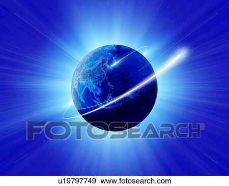 Stock Illustration - Digital composite of beam encircling globe. Fotosearch