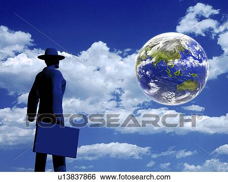 Stock Illustration - Digital composite of businessman looking at planet earth. Fotosearch