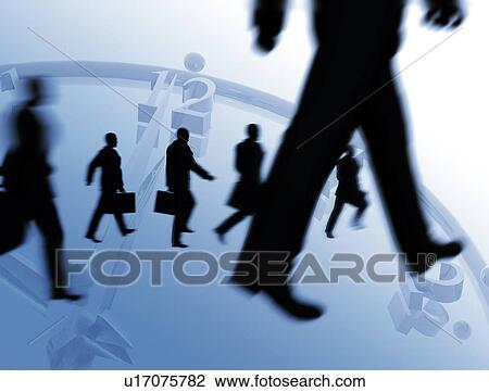 Digital composite of businessmen walking on timepiece View Large Illustration Drawing - Digital composite of businessmen walking on timepiece. Fotosearch