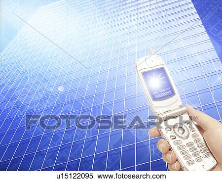 Digital composite of female hand holding mobile phone View Large Illustration Stock Illustration - Digital composite of female hand holding mobile phone. Fotosearch