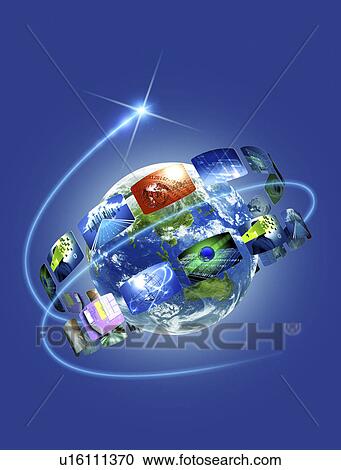 Clipart - Digital composite of globe and technology. Fotosearch