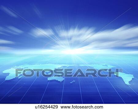 Stock Illustration - Digital composite of globe on grid under blue sky. Fotosearch