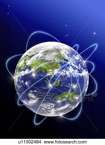 Stock Illustration - Digital composite of lines encircling globe. Fotosearch