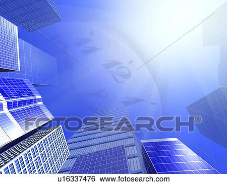 Stock Illustration - Digital composite of tall buildings and clock. Fotosearch