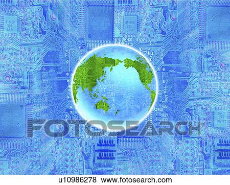 Stock Illustration - Globe amidst circuit. Fotosearch